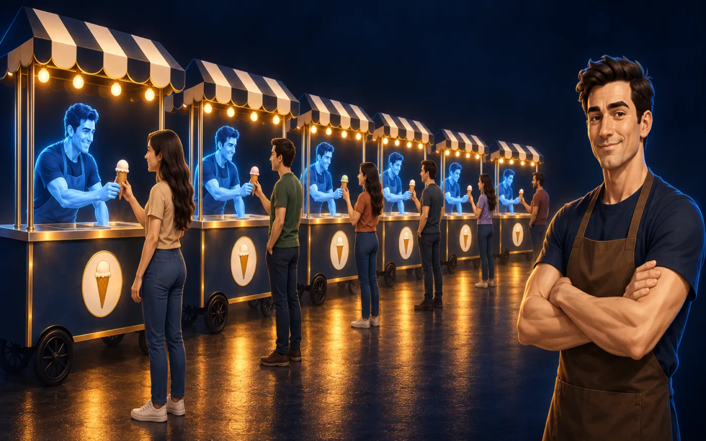 A row of stands, each with one AI twin serving one customer