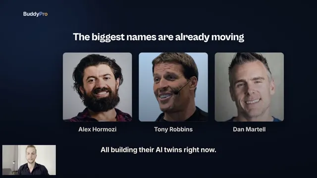 Training slide: Alex Hormozi, Tony Robbins and Dan Martell are already building AI twins